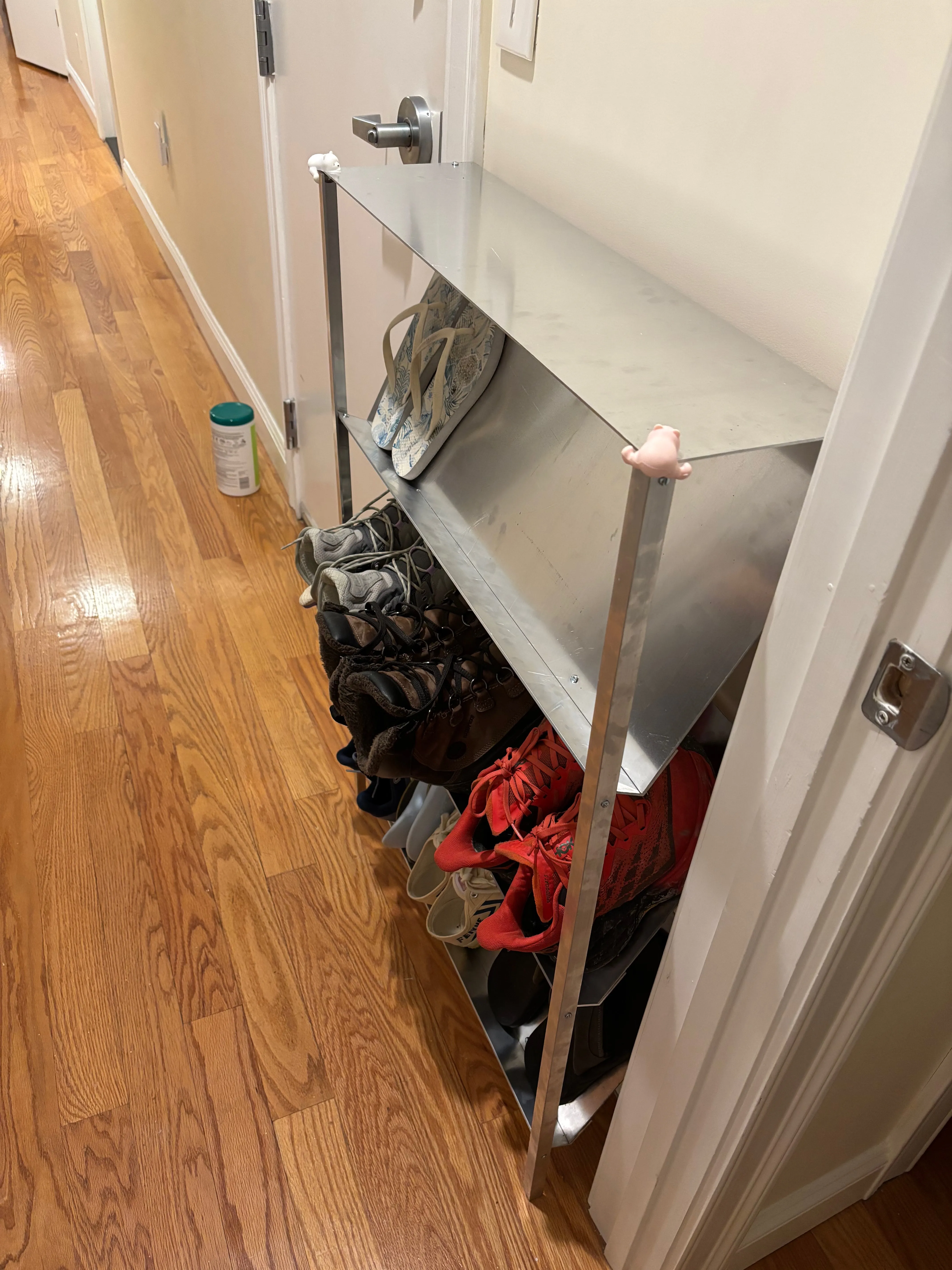 View of the completed shoe rack from the small room