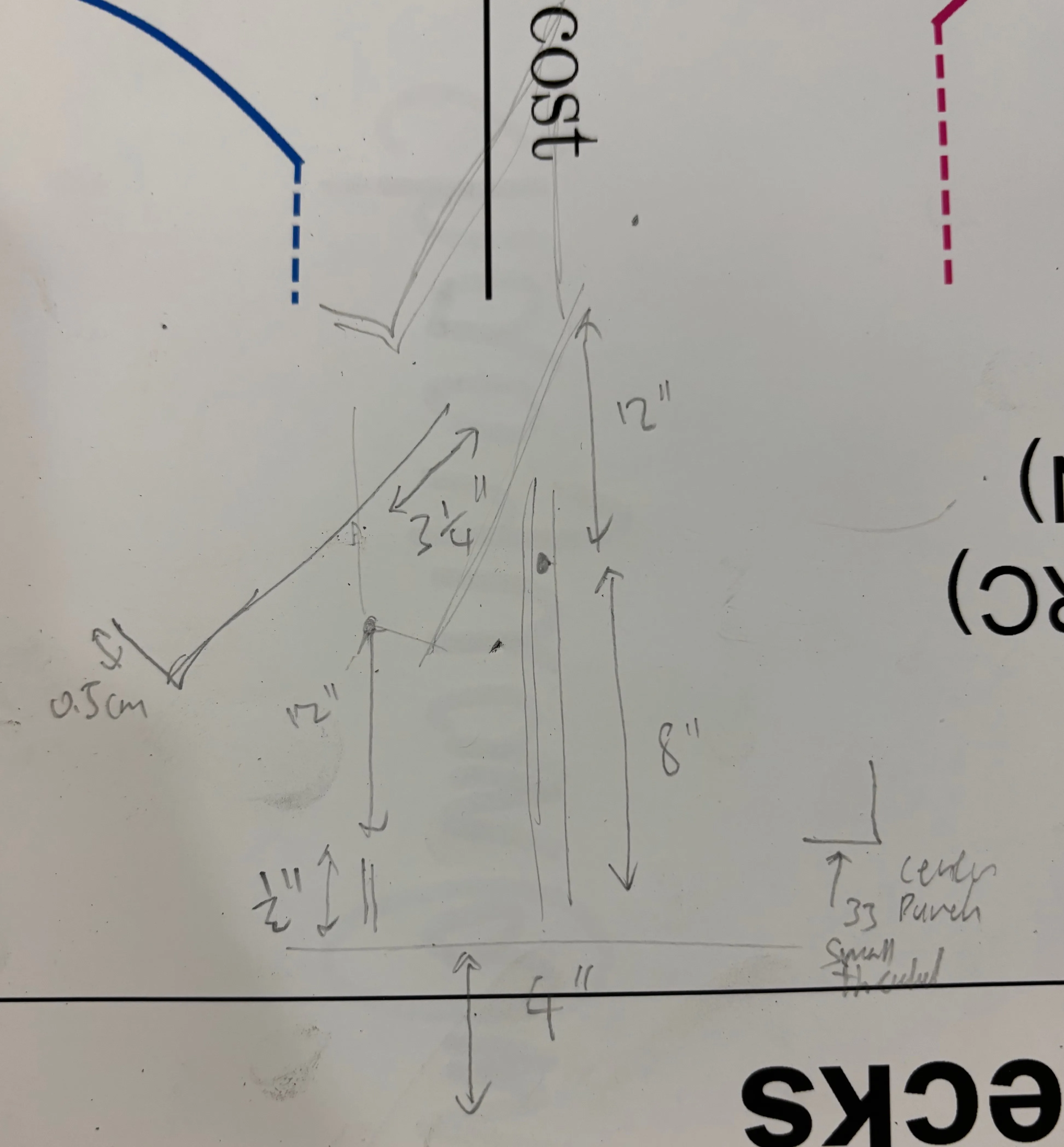 Dimensions and calculations written in pencil on rough paper.