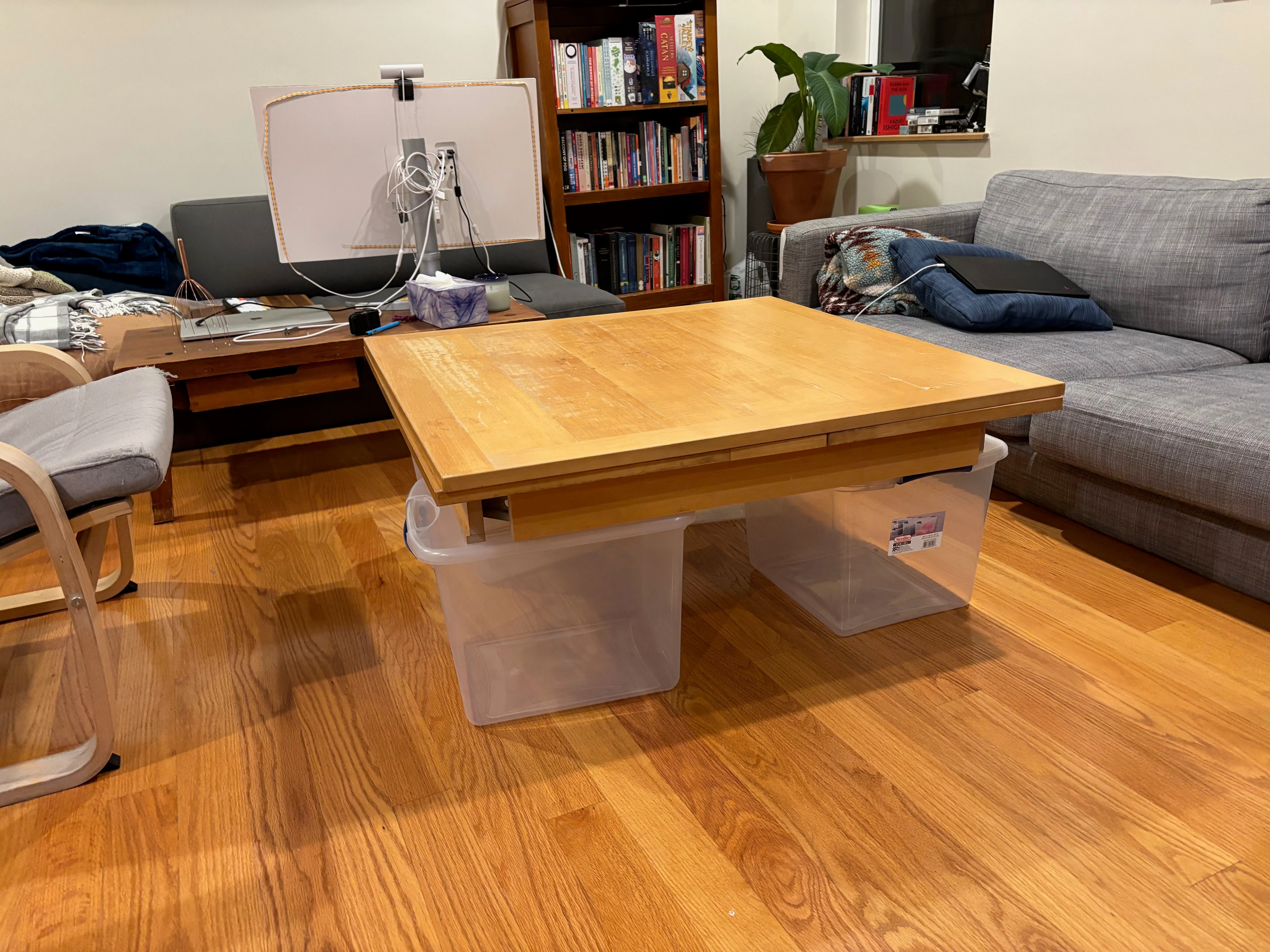 Dining tabletop on 4 plastic boxes