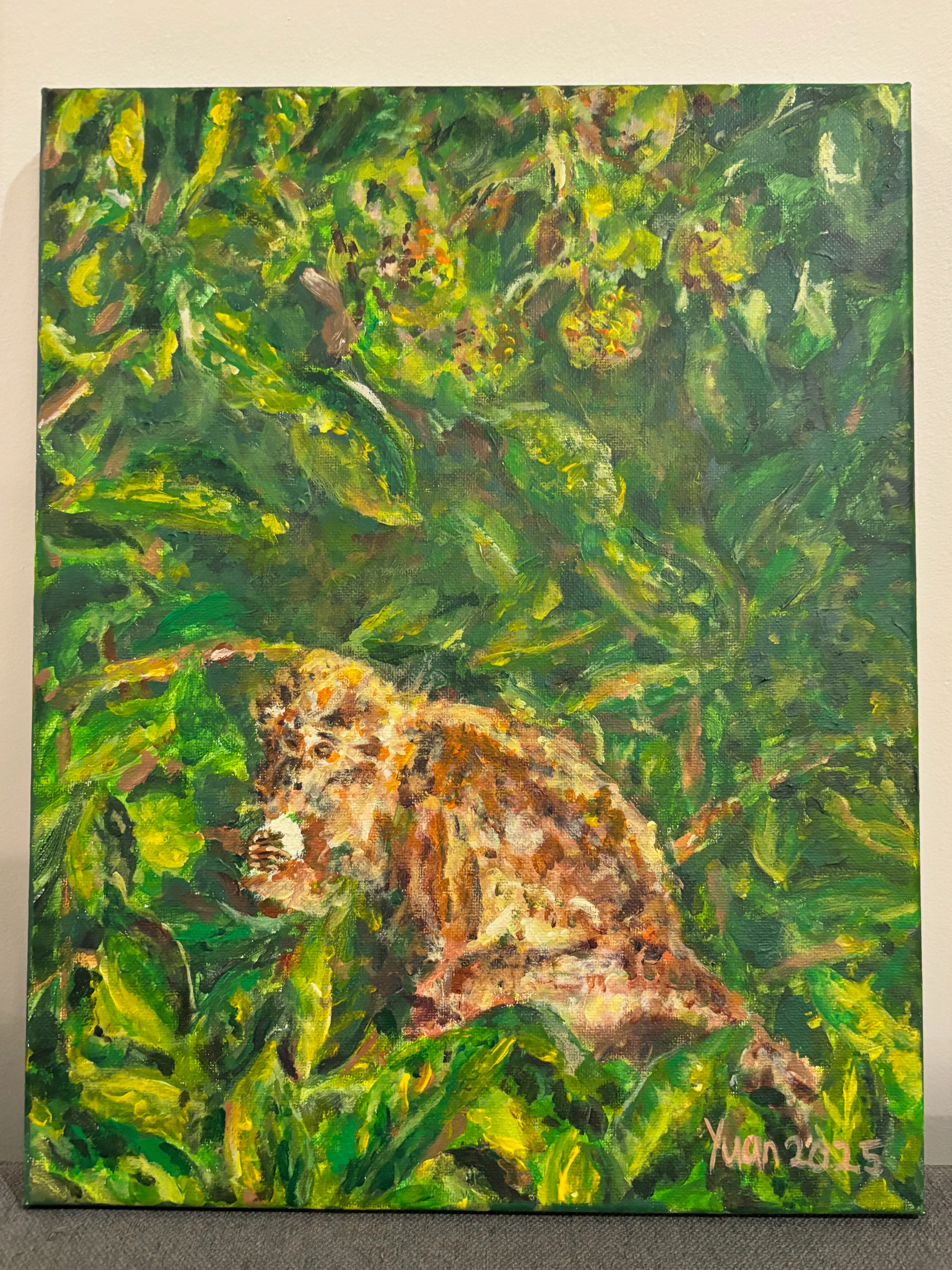 Acrylic painting of a monkey sitting in a tree eating a rambutan.