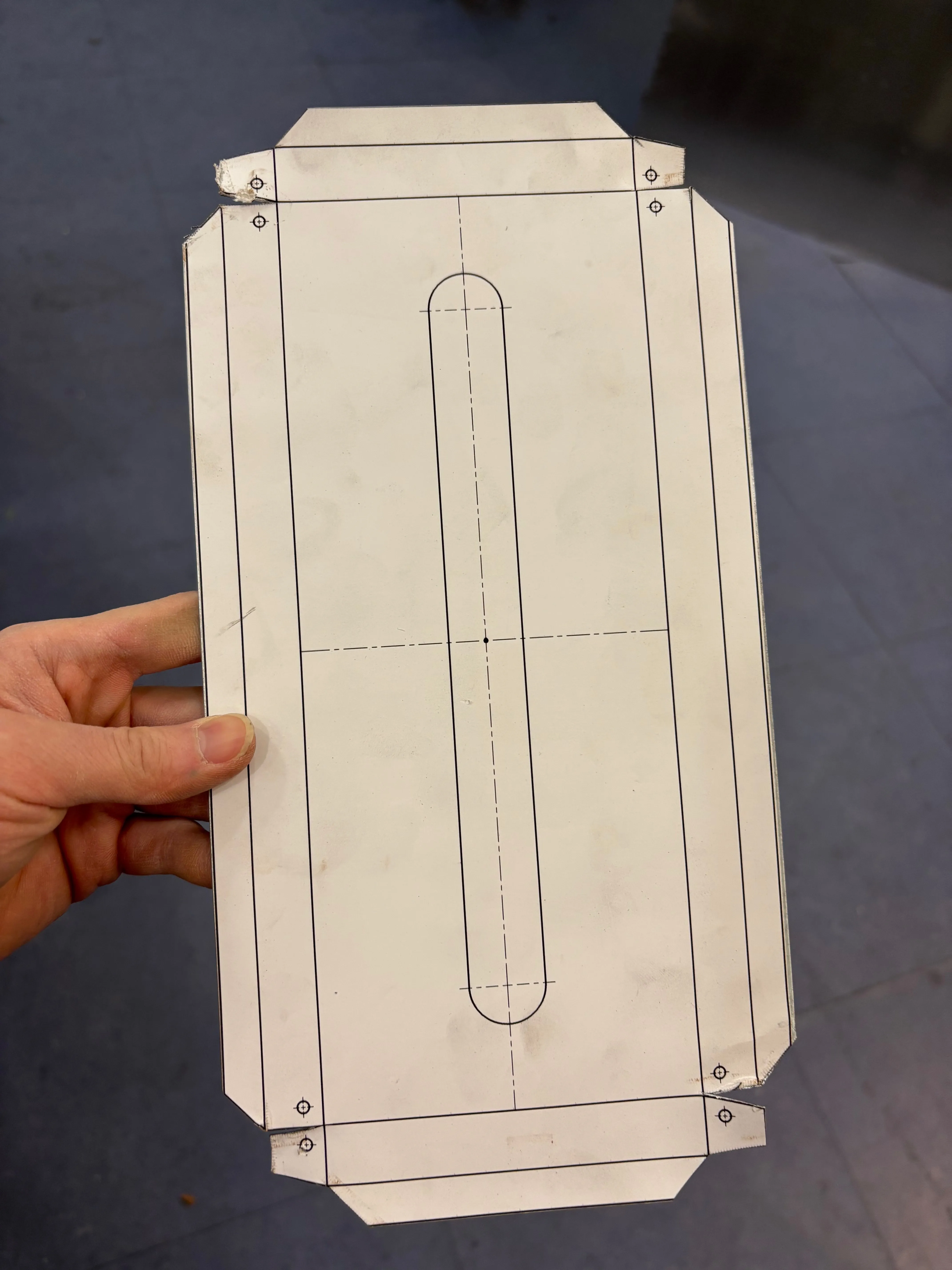 Front of the sheet metal blank with paper template