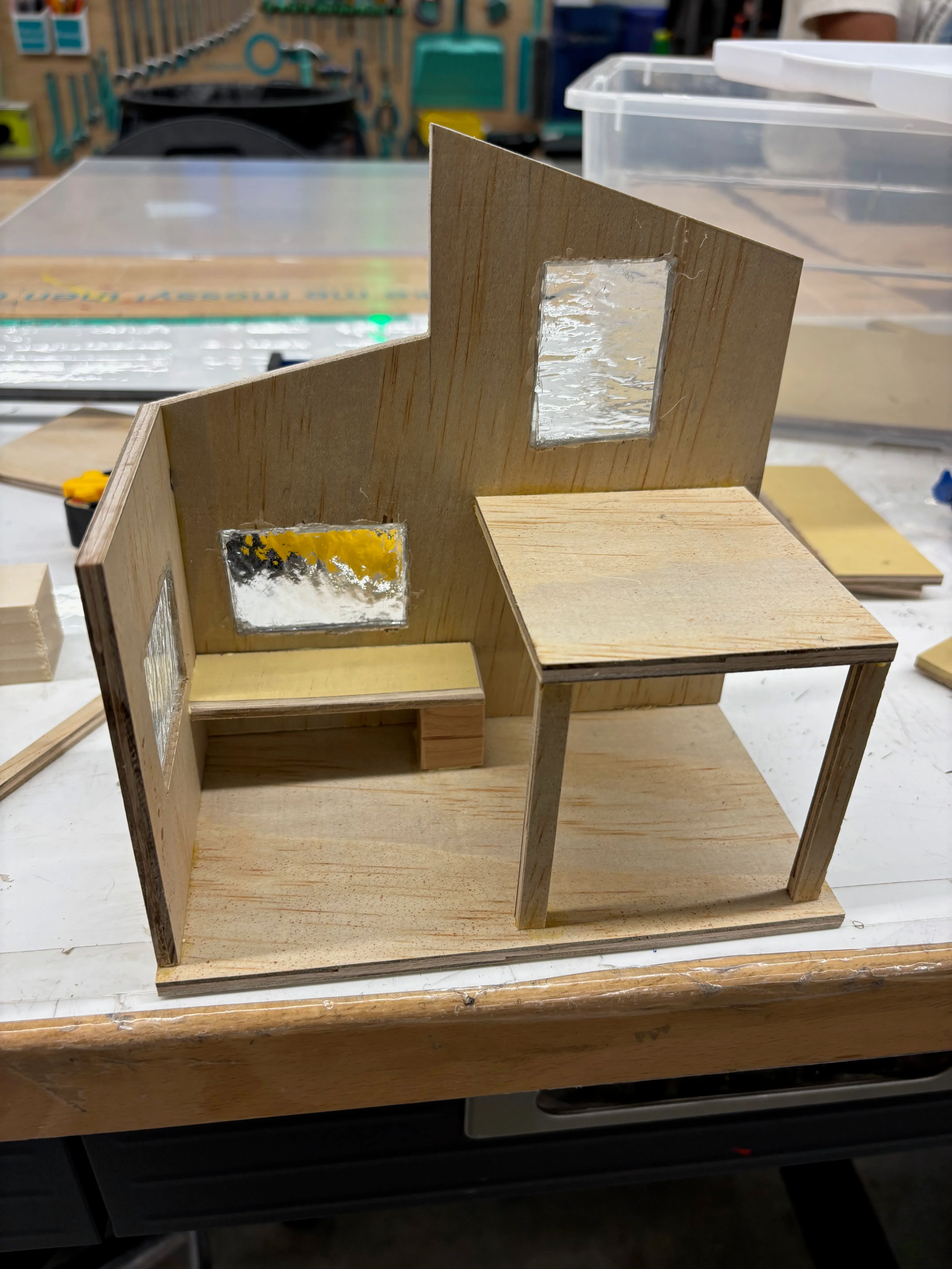 House interior now with desk and second floor.