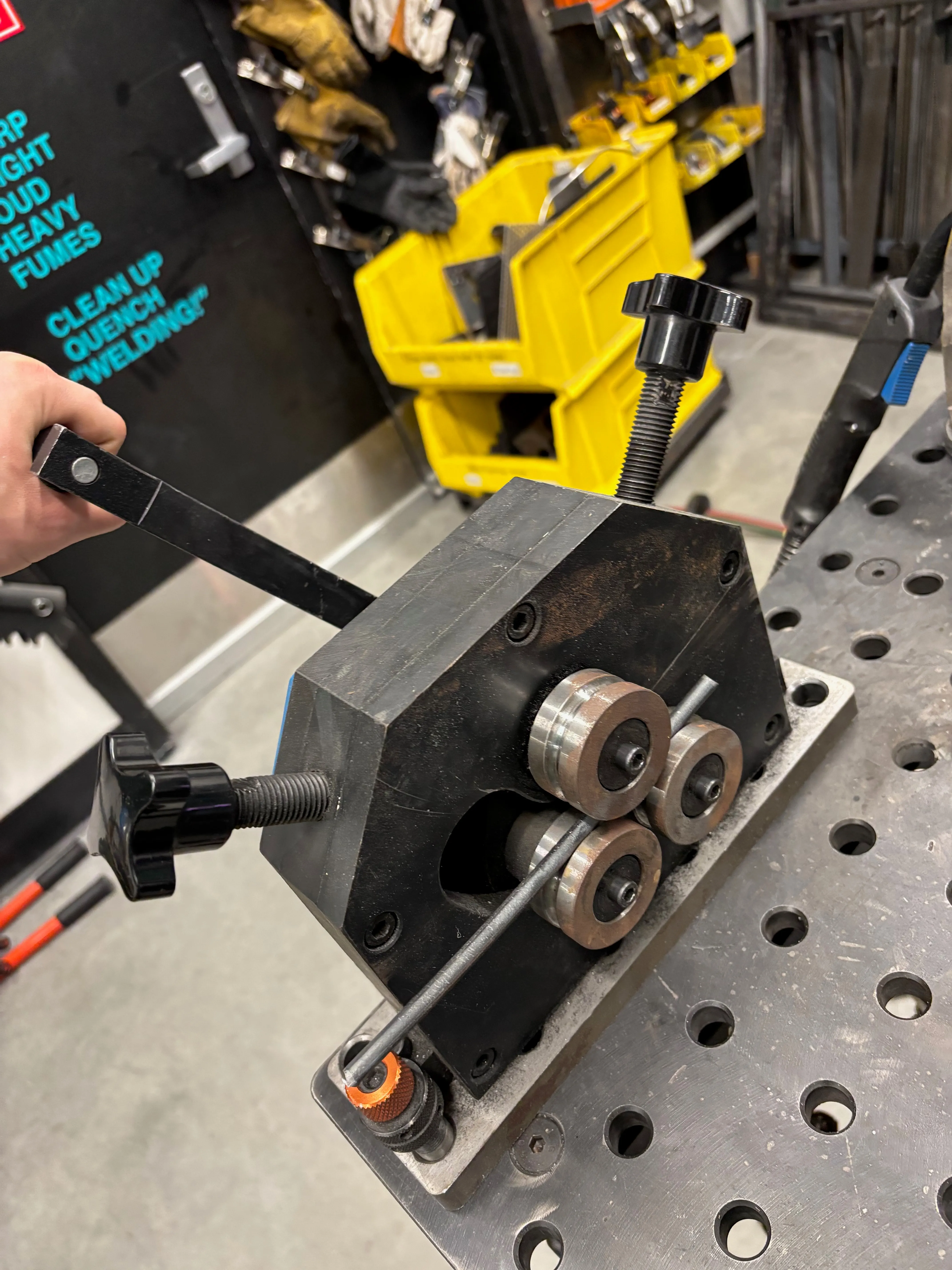 Using the ring roller machine to make wheels for the bike.